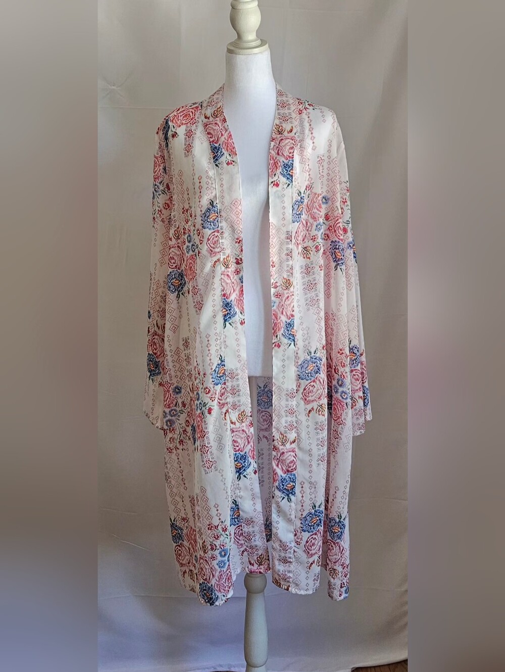 JORJA Floral Kimono Cardigan Duster XL White Pink Blue Open Front Lightweight - Picture 2 of 11